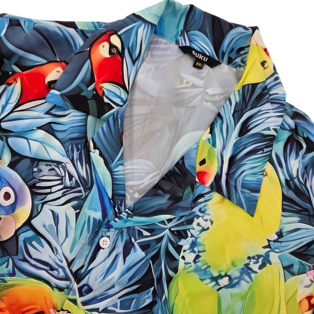 Ouku Mens XXL Tropical Parrot Macaw Print Short Sleeve Button Up Camp Shirt Blue